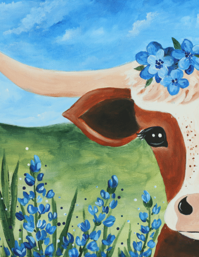 Longhorn Cow with Bluebonnets